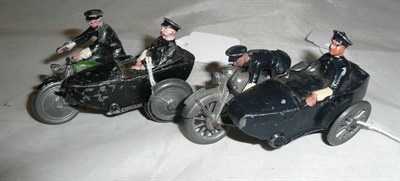 Lot 94 - A Johillco Lead Police Motorcycle Rider with Sidecar, together with a similar motorcycle rider with