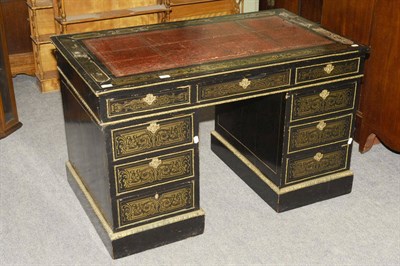 Lot 1450 - A Louis XV Style Ebonised and Brass Inlaid Double Pedestal Desk, Late 19th Century, the rectangular