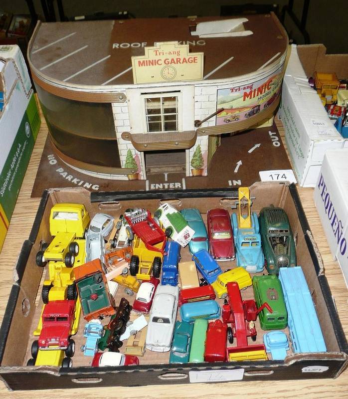Lot 174 - A Tri-ang Minic Garage, in wood and card with Minic Cars & Lorries advert to side; A Box of Diecast
