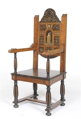 Lot 1453 - An Italian Specimen Wood and Bone Inlaid Throne Chair, 19th century, the shaped top rail...