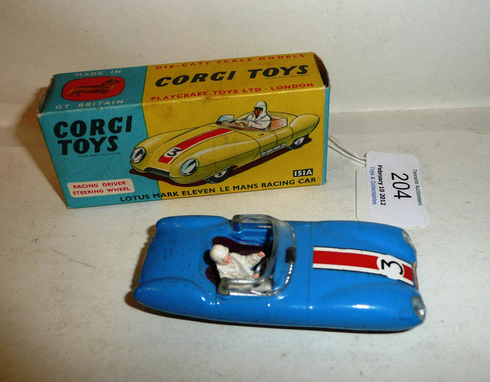 Lot 204 - Boxed Corgi Lotus MK11 Le Mans Racing Car No.151A, with blue body, red and white stripe, racing...