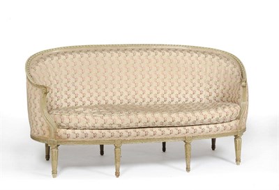 Lot 1456 - A French Cream Painted Canapé, 19th century, upholstered in cream fruit design silk, the...