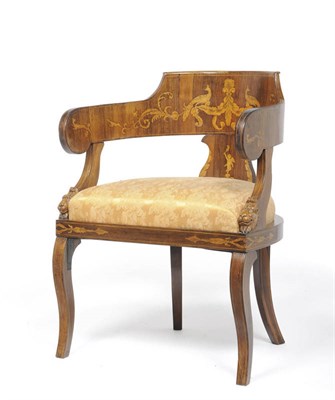 Lot 1457 - A Marquetry Fauteuil, probably Dutch, the outscrolled back with vase shaped splat inlaid with...