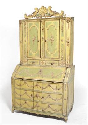 Lot 1461 - An Early 18th Century Continental Green and Yellow-Gold Painted Pine Bureau Bookcase,, the...