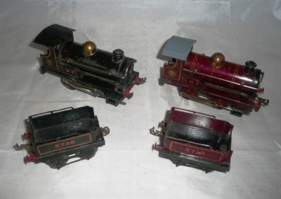 Lot 12 - Two Hornby 'O' Gauge Clockwork 0-4-0 LMS Tender Locomotives No.2710, one in black, the other in red