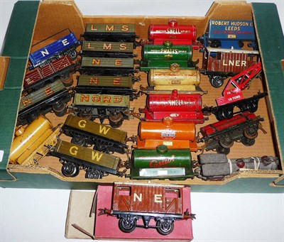 Lot 13 - Twenty Two Hornby 'O' Gauge Tankers and Wagons, including Pratt's High Test, Castrol Motor Oil,...