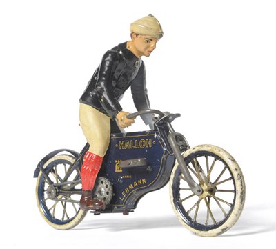 Lot 98 - A Fine Lehmann Tinplate Flywheel Drive 'Halloh' Motorcycle and Rider Toy No.683, Patented Jan 1907