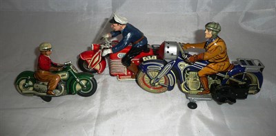 Lot 102 - Three German Tinplate Motorcycle Riders:-  Schuco Curvo 1000 clockwork motorcycle with instructions