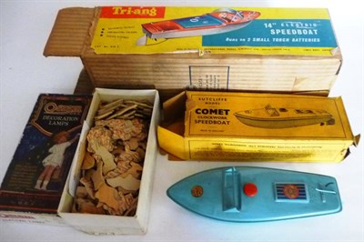 Lot 127 - A Boxed Sutcliffe Clockwork Tinplate 'Comet' Speedboat; A Boxed Tri-ang 14" Electric Speedboat,...