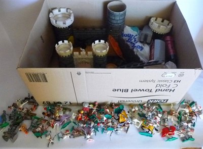 Lot 130 - Mixed Toys, including a collection of Timpo Swoppet Romans & Knights, a cardboard and plastic fort