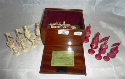 Lot 147 - A Barleycorn Pattern Bone Chess Set, one side stained red, the other left natural, in a...