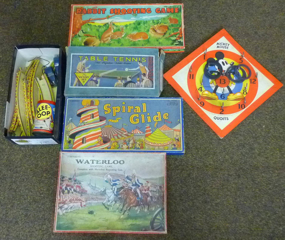 Lot 148 - Mixed Games and Toys, including a Mickey Mouse quoits board, tinplate car racing game, Welbeck...