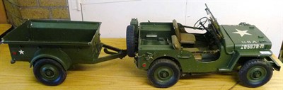 Lot 158 - A Large Metal Scale Model of a US Army Jeep 'Paper Doll' & Trailer, all painted green, Reg...