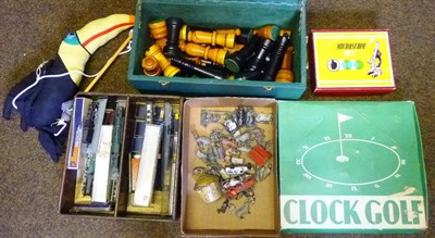 Lot 161 - Mixed Toys, including a box of 'N' gauge trains, lead farming figures, Clock Golf game, large chess