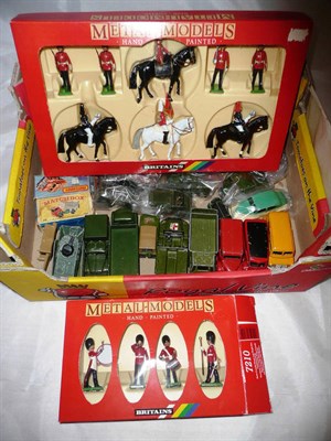 Lot 167 - Mixed Toys, including two boxed sets of Britains Metal Models No's 7128 & 7120, three Dinky...