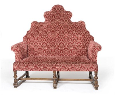 Lot 1487 - A Pair of 17th Century Style Settees, circa 1920, upholstered in red and cream moquette, the...