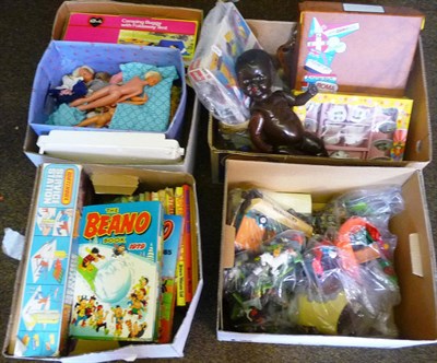 Lot 183 - A Collection of Toys and Annuals, including diecast vehicles, Smurfs, black baby doll, Britains...