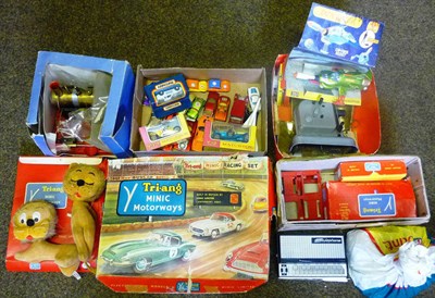 Lot 185 - Mixed Toys, including a Tri-ang Minic Motorways Set with accessories, diecast vehicles,...