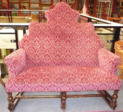 Lot 1488 - A Pair of 17th Century Style Settees, circa 1920, upholstered in red and cream moquette, the...