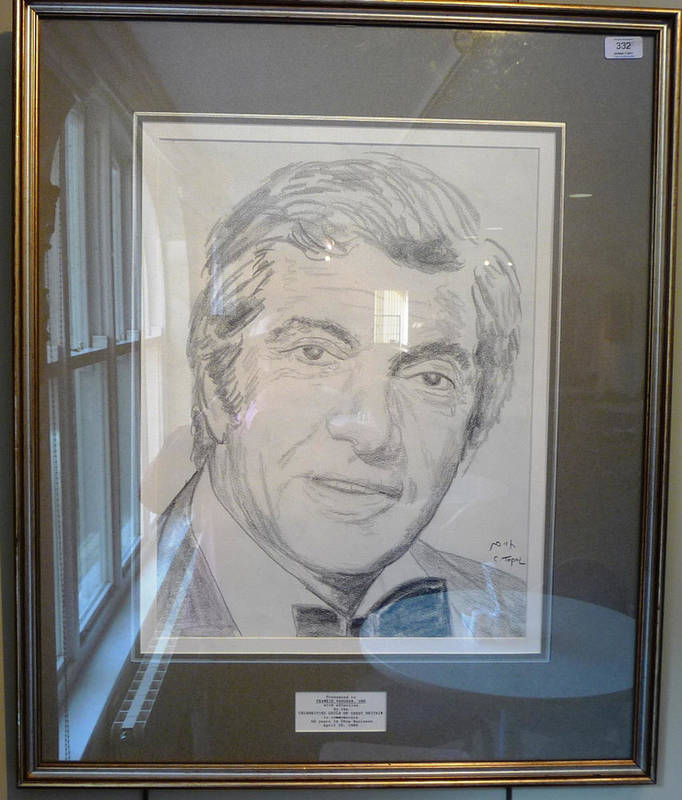 Lot 332 - C. Topol - Frankie Vaughan OBE, pencil portrait, inset with label - 'Presented to Frankie...