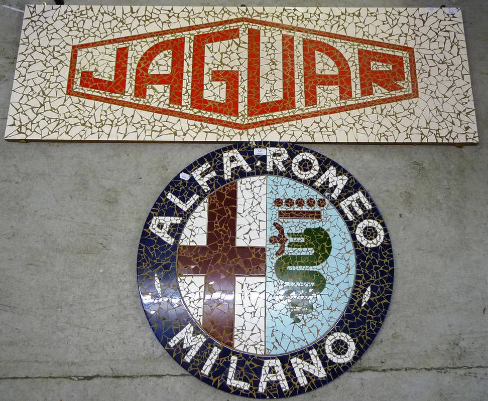 Lot 343 - Two Mosaic Tile Car Advertising Signs - Alpha Romeo Milano circular sign in red, white & blue, 76cm