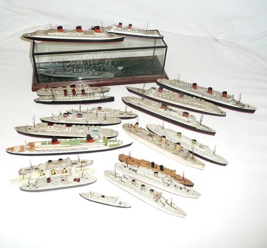 Lot 76 - Fourteen Bassett Lowke Waterline Model Ships - Rex, Bremen, Normandie, Queen Mary, Queen Elizabeth