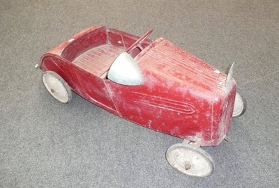 Lot 127 - Red Painted Tinplate Pedal Car, with tinplate wheels, rubber tyres, wing mirror and AA badge to...