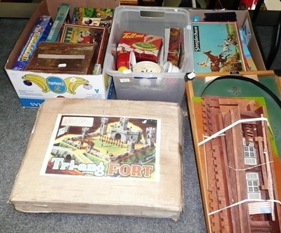 Lot 128 - Mixed Toys, including a Triang fort, Airfix soldiers, bagatelle, wooden fort, rolling stock, games