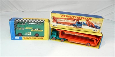 Lot 183 - Two Boxed Matchbox King Size Commercial Vehicles:- 'Farnborough Measham' Car Transporter K-8,...