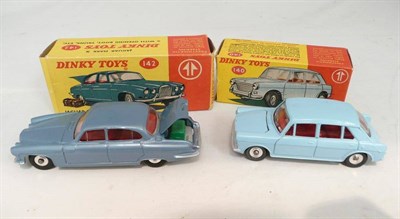 Lot 210 - Two Boxed Dinky Cars:- Morris 1100 No.140, in light blue; Jaguar Mark X No.142, in metallic...