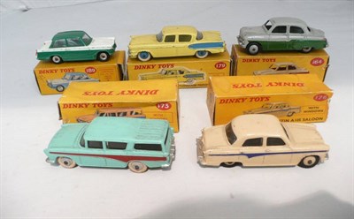 Lot 212 - Five Boxed Dinky Two-Tone Cars:- Triumph Herald No.189, in green and white; Vauxhall Cresta No.164