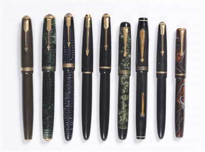 Lot 242 - Nine Parker Fountain Pens, including a large Canadian Vacumatic in green pearl and another in...