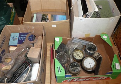 Lot 262 - A Mixed Collection of Automobilia, including car clocks and dials, green leather coat, framed...