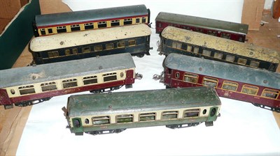 Lot 50 - Seven 'O' Gauge Tinplate Bogie Coaches, including two Hornby Sleeping Cars No's 2644A & 2862D,...
