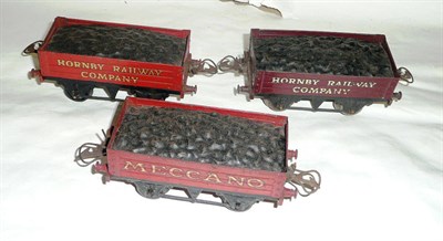 Lot 58 - Three Hornby 'O' Gauge Coal Wagons W29:- Meccano in red with gilt lettering; Hornby Railway Company