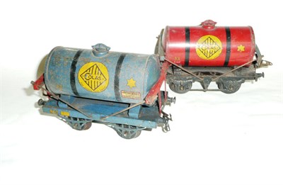Lot 59 - Two Hornby 'O' Gauge 'Colas 33' Bitumen Tank Wagons W37b, one in red with blue stays and black...