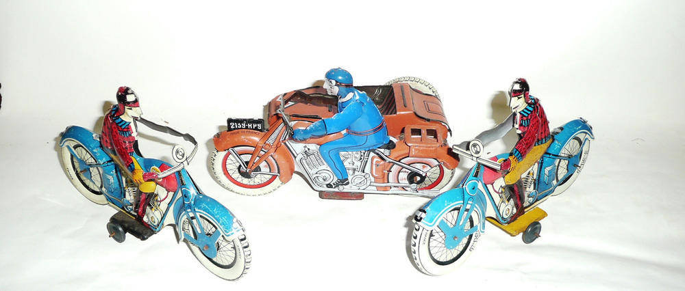 Lot 79 - A Tinplate Motorcycle and Sidecar by S.F.A. Paris, in pale red with blue rider,...