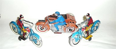 Lot 79 - A Tinplate Motorcycle and Sidecar by S.F.A. Paris, in pale red with blue rider,...