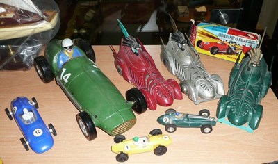 Lot 124 - Five Plastic Racing Cars, including a large model in green with racing number 14, a boxed...