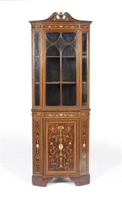 Lot 1552 - A Mahogany, Satinwood and Marquetry Inlaid Corner Cabinet, circa 1890, the swan neck pediment above