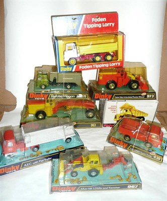 Lot 195 - Eight Boxed Dinky Commercial Vehicles:- A.E.C. with flat trailer No.915; Ford D800 Tipper...