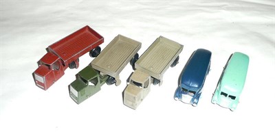 Lot 202 - Three Dinky Mechanical Horses, in grey, maroon and green; Two Dinky Streamline Coaches, in two-tone