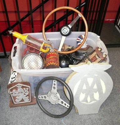 Lot 218 - A Large Collection of Mixed Automobilia, including oil cans, head lights, brass foot pump, steering