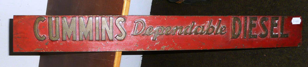 Lot 224 - A Cast Brass 'Cummins Dependable Diesel' Sign, painted red with brass letters in relief, 80.5cm...