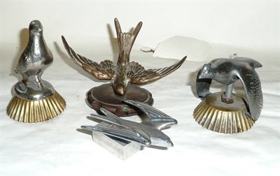 Lot 226 - Four Car Mascots in the Form of Birds;- brass Diving Swift on radiator cap; stylised chrome...