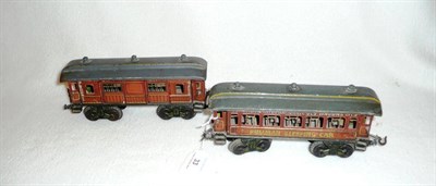 Lot 33 - Two Early German 'O' Gauge Tinplate Bogie Carriages, possibly Bing, comprising a Pullman...