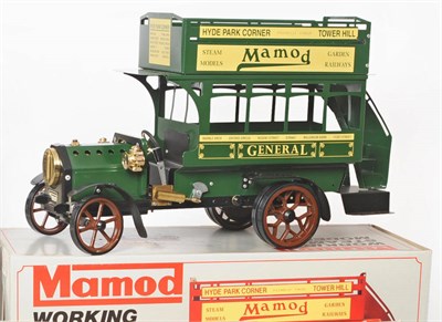 Lot 56 - A Boxed Mamod Live Steam Open Topped London Bus LB1, in green, with tools and inner card packaging.