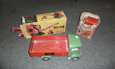 Lot 80 - Three Large Tri-ang Tinplate Vehicles:- boxed Excavator, in red; boxed Britex Crane, in orange;...
