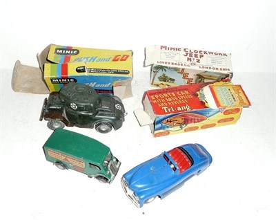 Lot 81 - Five Tri-ang Minic Vehicles:- boxed tinplate clockwork No.2 Jeep; boxed plastic clockwork No.2...