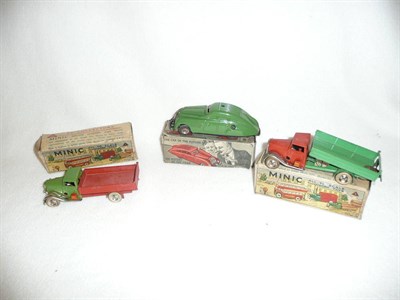 Lot 88 - Two Boxed Tri-ang Minic Clockwork Tinplate 'Tip Lorries', one with green cab and red tipper,...